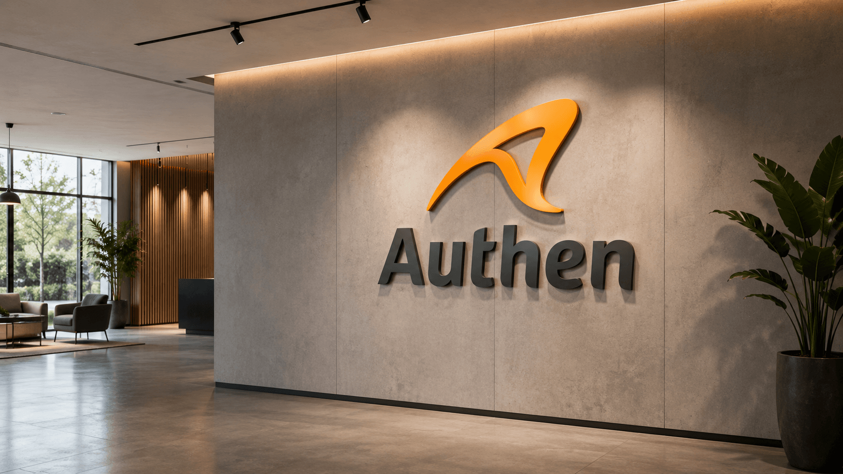 Recepção com o logotipo da Authen em letras-caixa sobre uma parede de concreto