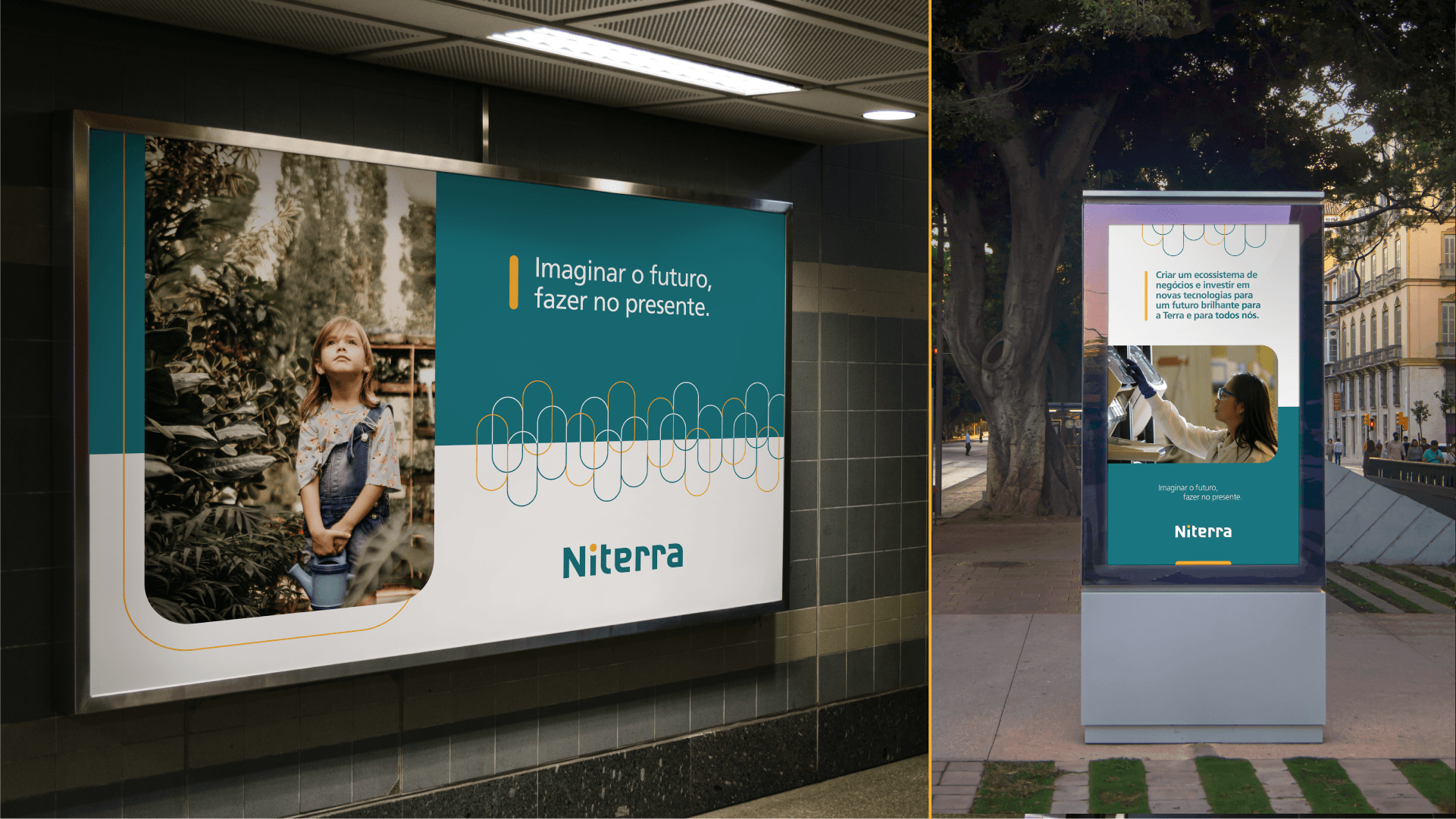 Cartaz e totem da Niterra em mídia urbana com a assinatura Imaginar o futuro, fazer no presente