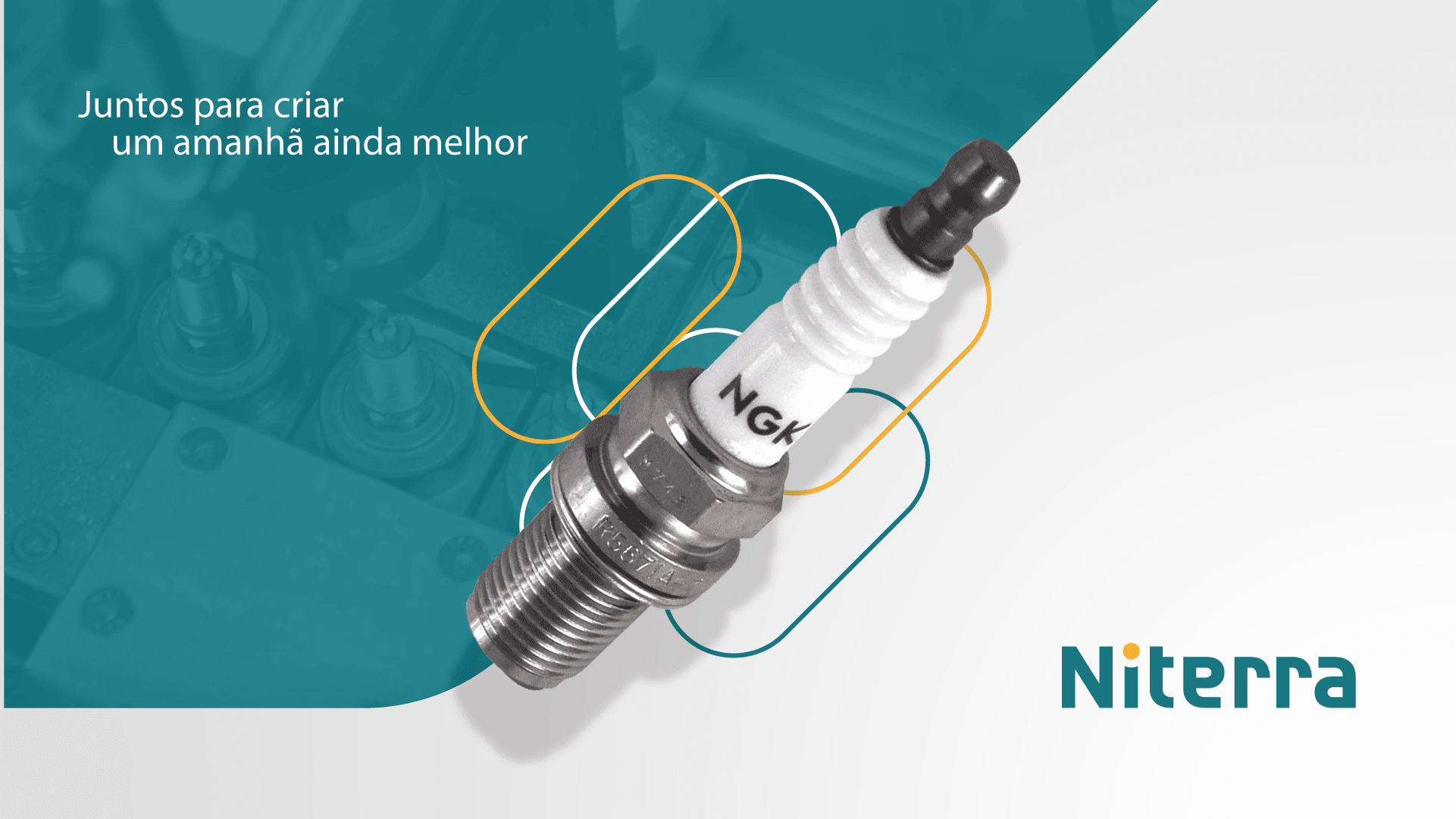 Peça Niterra com uma vela de ignição sobre fundo petróleo e a frase Juntos para criar um amanhã ainda melhor
