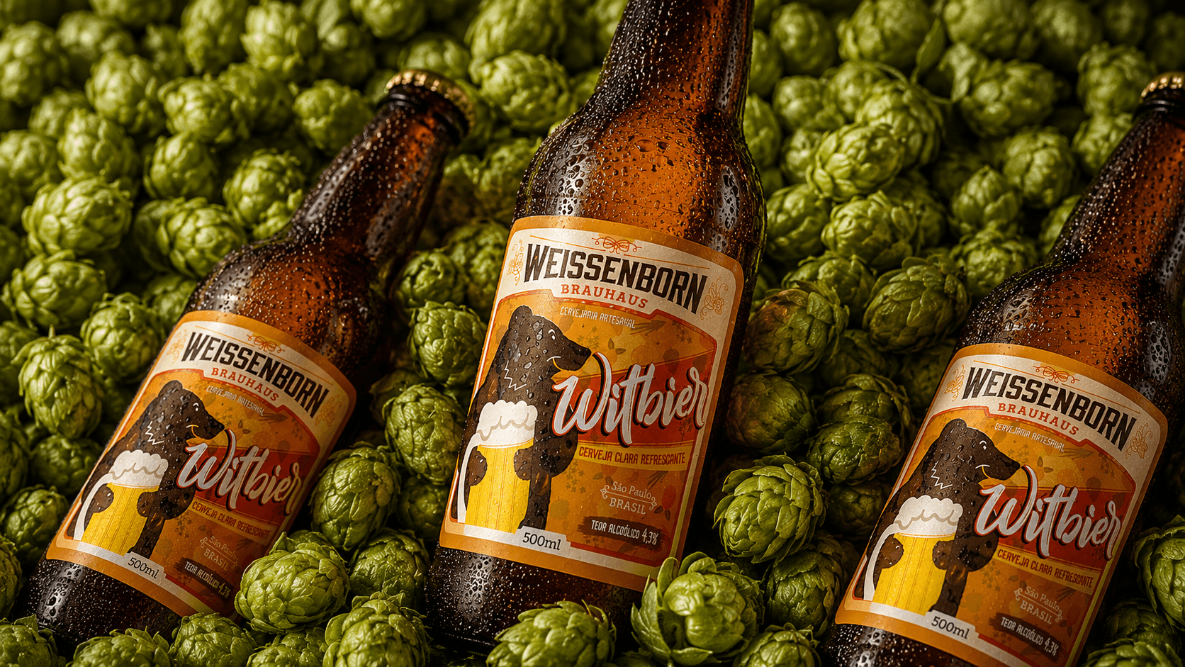 Garrafas da cerveja Weissenborn Witbier deitadas sobre lúpulo fresco