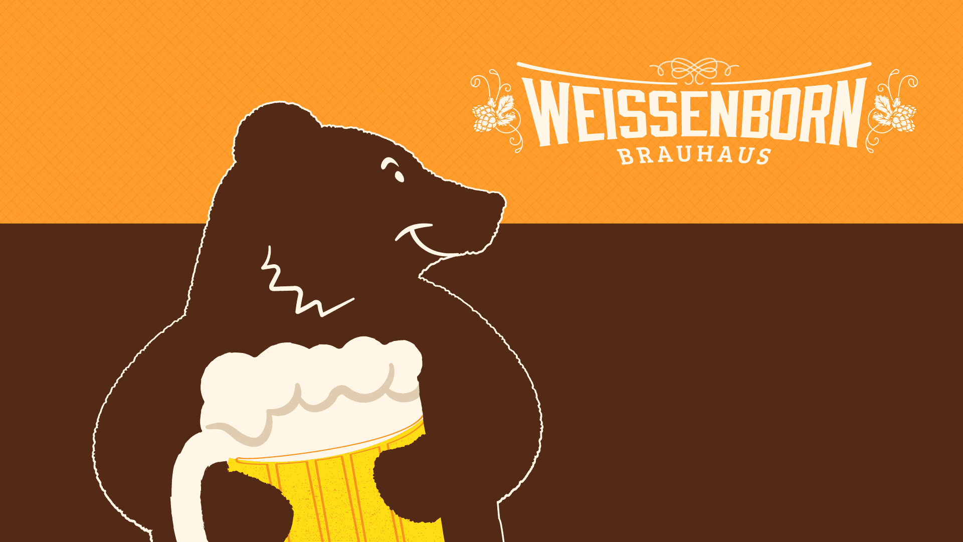 Ilustração do urso da Weissenborn Brauhaus segurando uma caneca de cerveja, em laranja e marrom