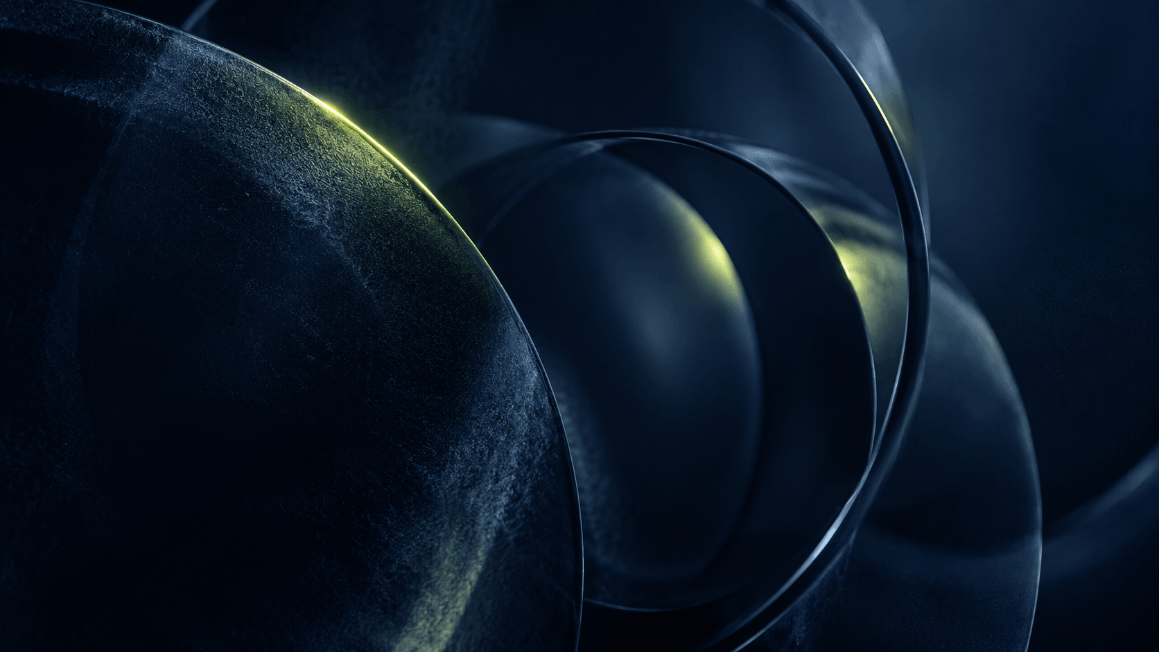 Esfera navy com reflexos lime, atravessada por anéis translúcidos